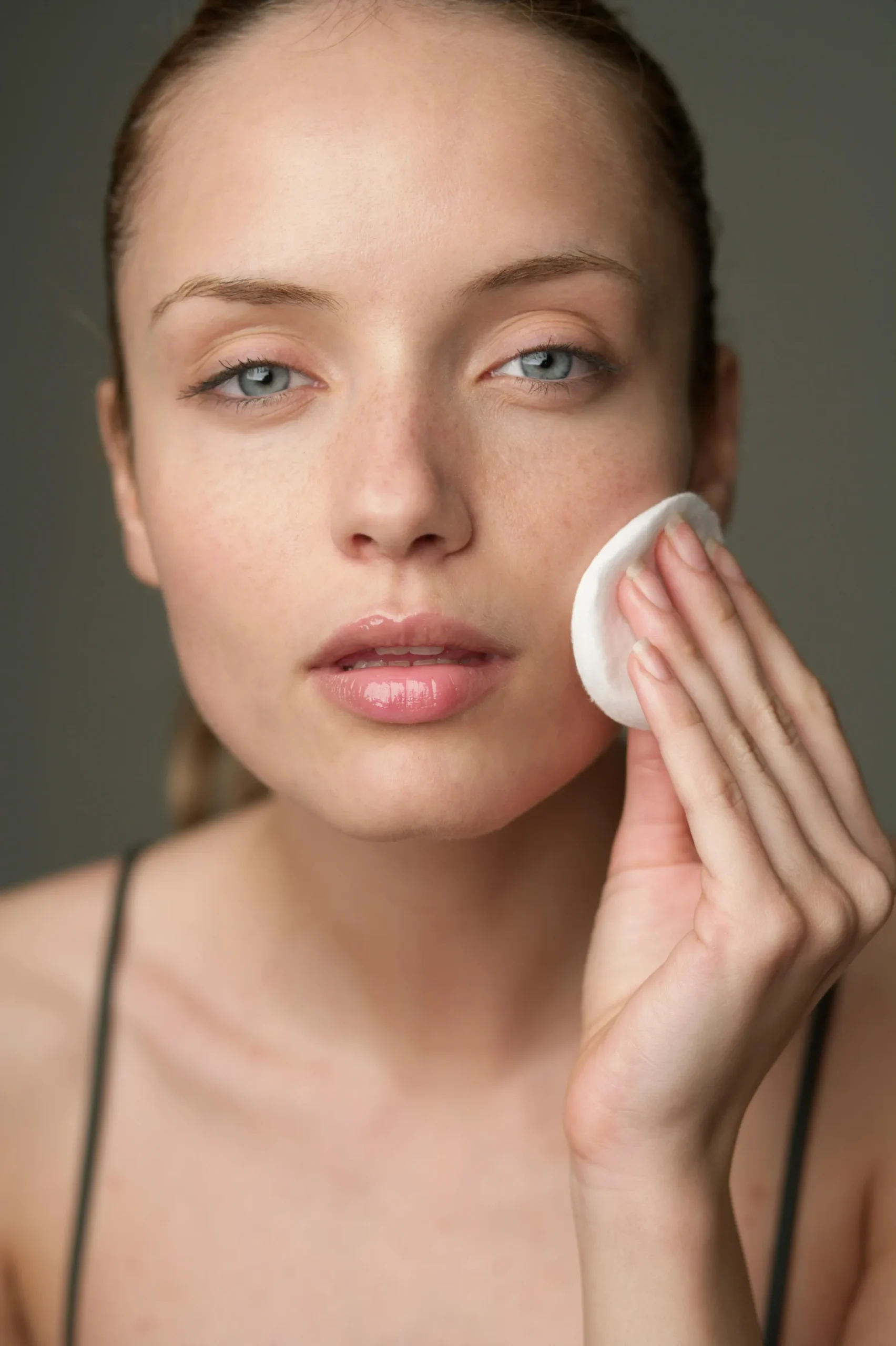 Woman applying CO2 Lift Pro mask with cotton pad on face
